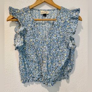 Universal Thread Ruched Wrap Crop Top Blue Yellow Floral Ruffle Sleeves Cotton M